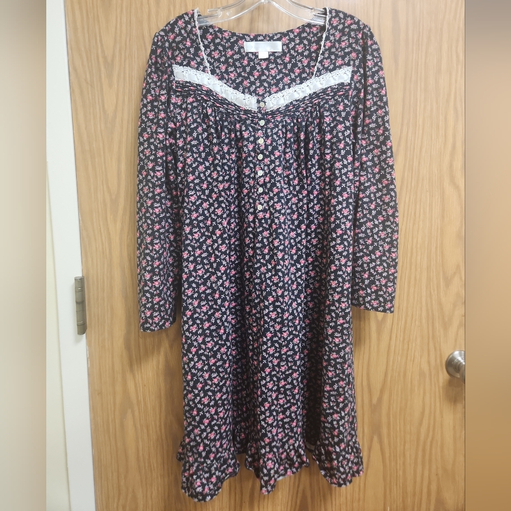 EILEEN WEST BLACK FLORAL Print JERSEY COTTON GOWN  Sz Sm